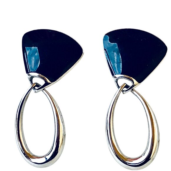 Trifari Vintage Black Enamel Silvertone Dangle Drop Earrings Posts - Picture 6 of 12